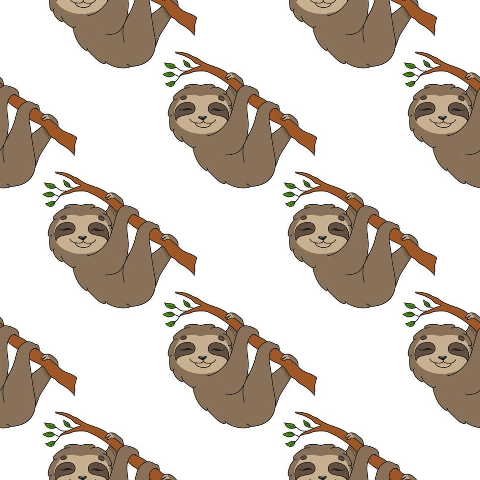 Happy sloth. Colored seamless pattern with cute cartoon character. Simple flat vector illustration isolated on white background. Design wallpaper, fabric, wrapping paper, covers, websites.