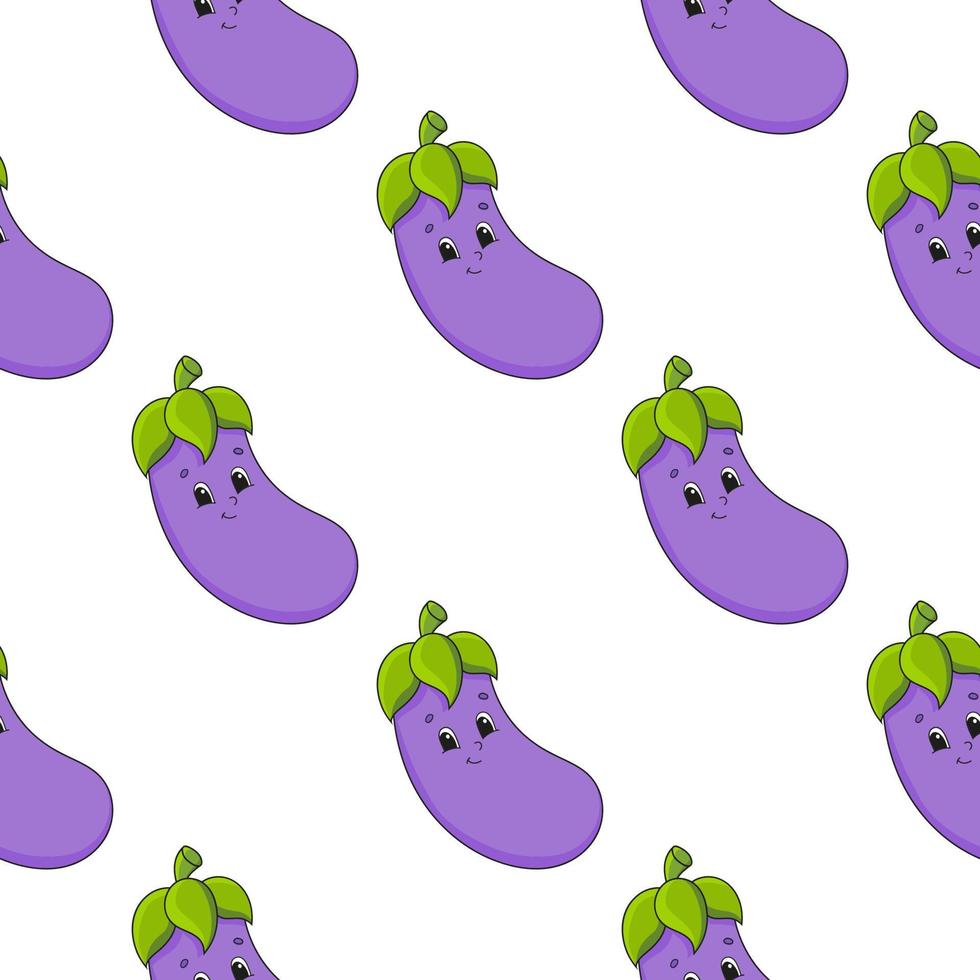 Happy eggplant. Colored seamless pattern with cute cartoon character. Simple flat vector illustration isolated on white background. Design wallpaper, fabric, wrapping paper, covers, websites.