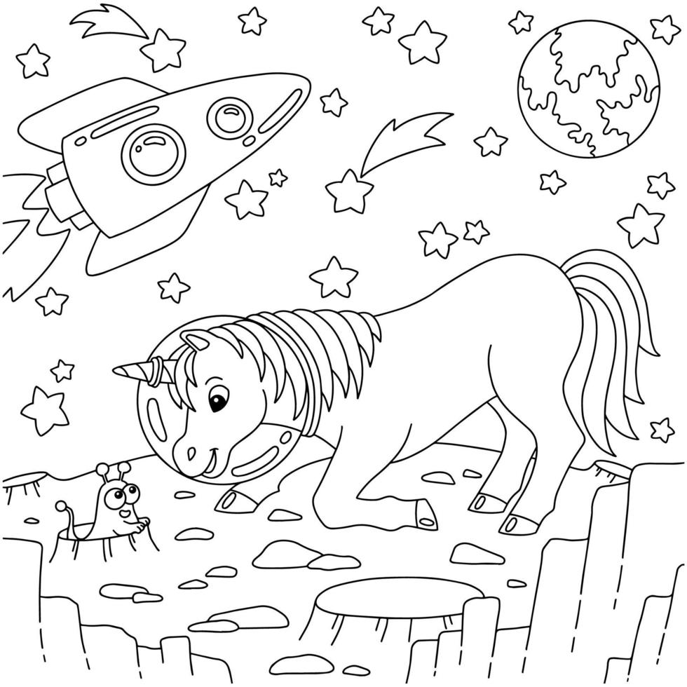 Astronaut unicorn meets a cute alien. Coloring book page for kids. Cartoon style character. Vector illustration isolated on white background.