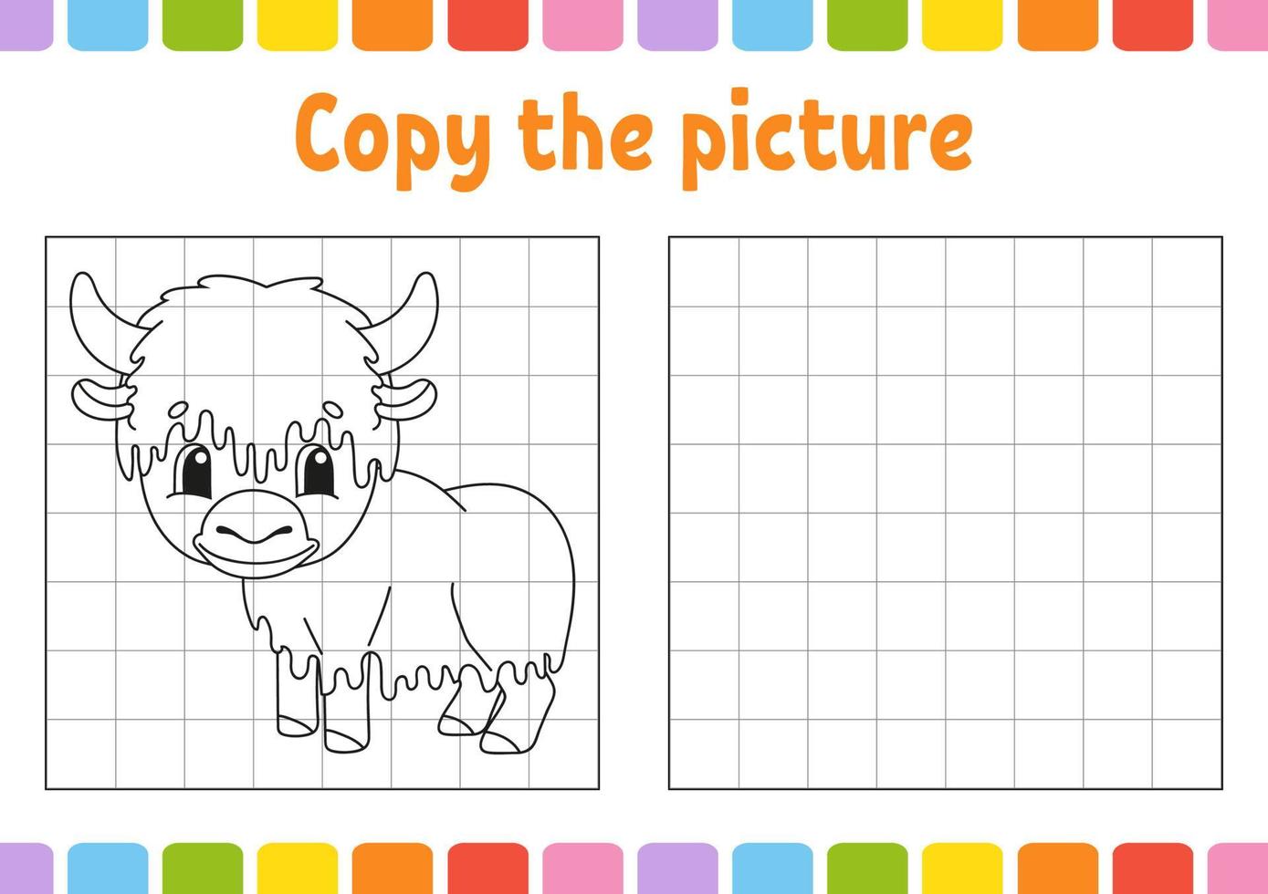 Copy the picture. Coloring book pages for kids. Education developing worksheet. Game for children. Handwriting practice. Funny character. Cute cartoon vector illustration.