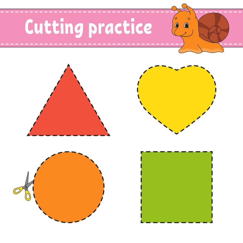 Cutting practice for kids. Education developing worksheet. Activity page with pictures. Game for children. Isolated vector illustration. Funny character. Cartoon style.