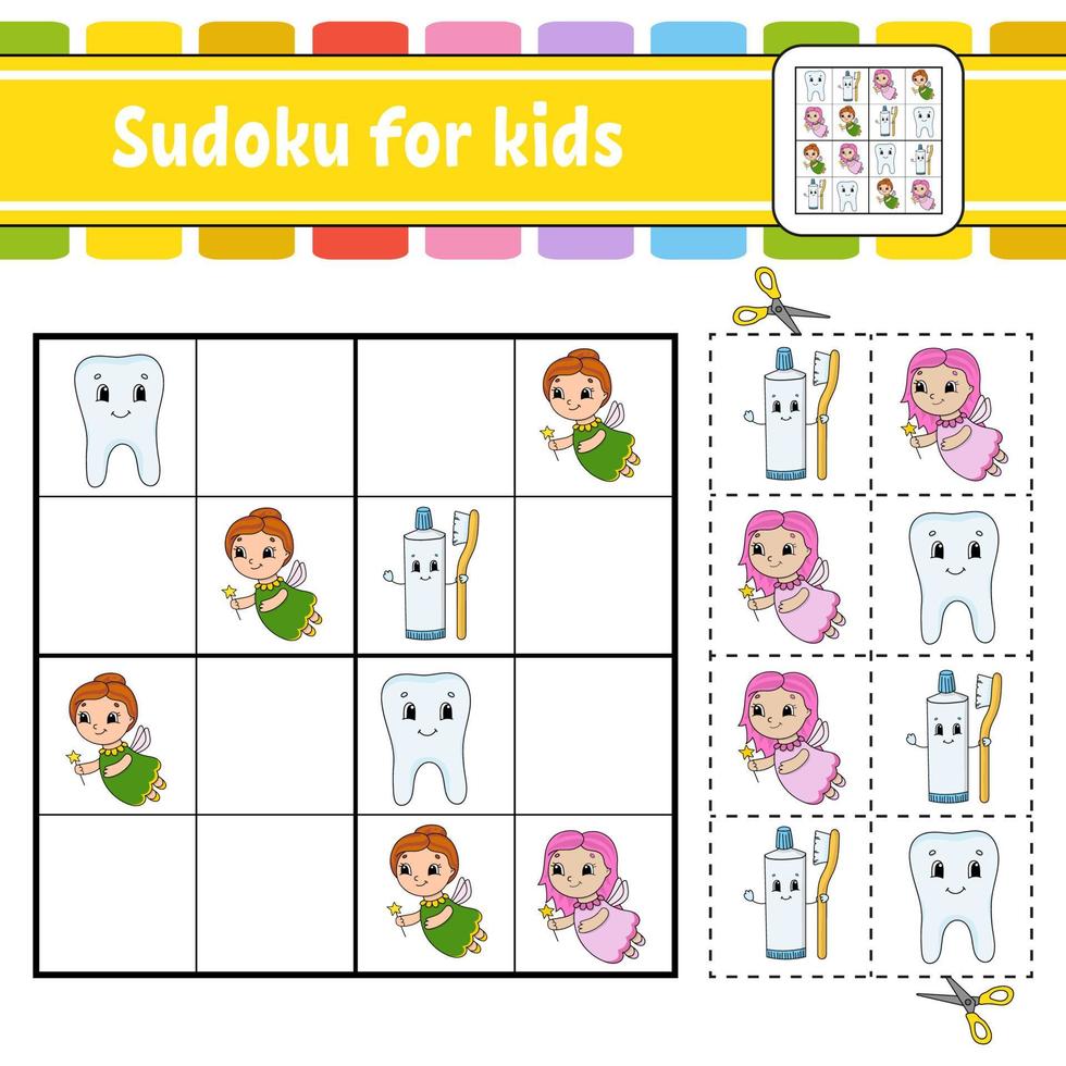 Sudoku for kids. Education developing worksheet. Activity page with pictures. Puzzle game for children. Logical thinking training. Isolated vector illustration. Funny character. Cartoon style.