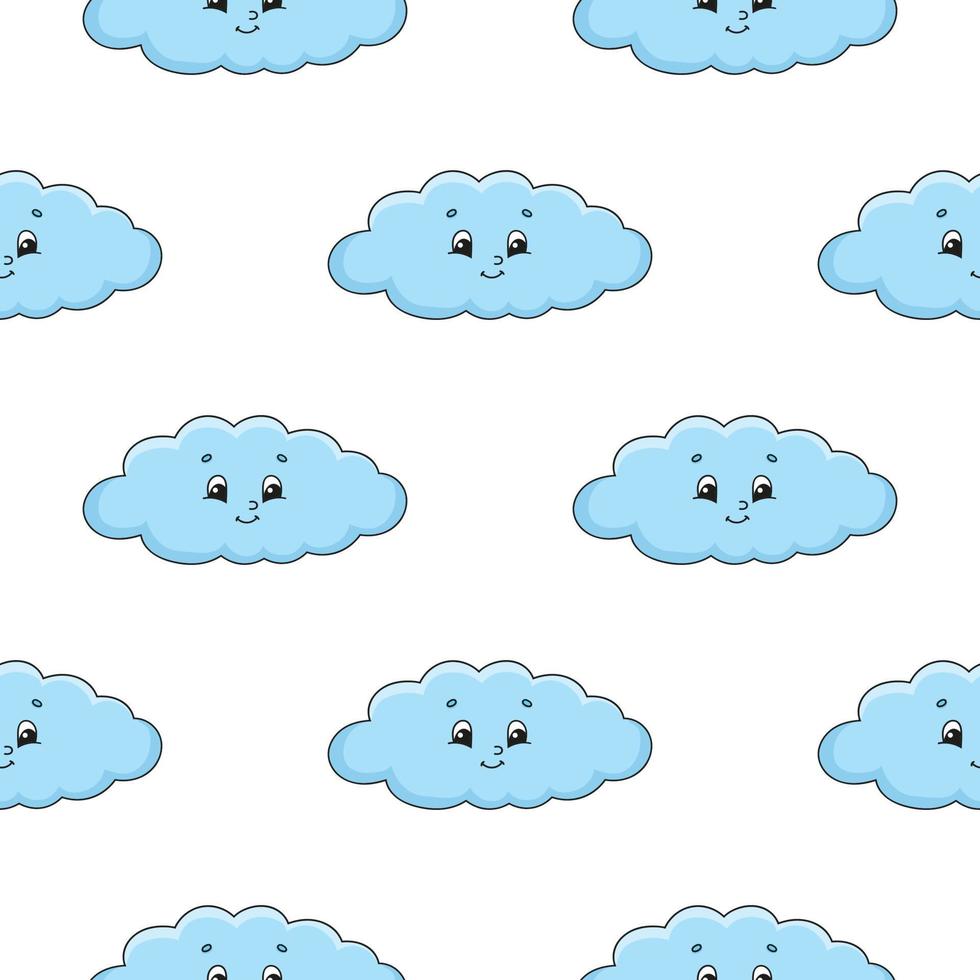 Happy cloud. Colored seamless pattern with cute cartoon character. Simple flat vector illustration isolated on white background. Design wallpaper, fabric, wrapping paper, covers, websites.