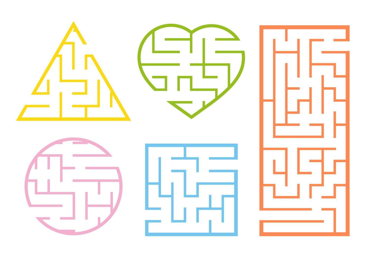 A set of mazes. Game for kids. Puzzle for children. Labirinth conundrum. Cartoon style. Visual worksheets. Riddle for preschool. Activity page. Education developing sheet. Color vector illustration.