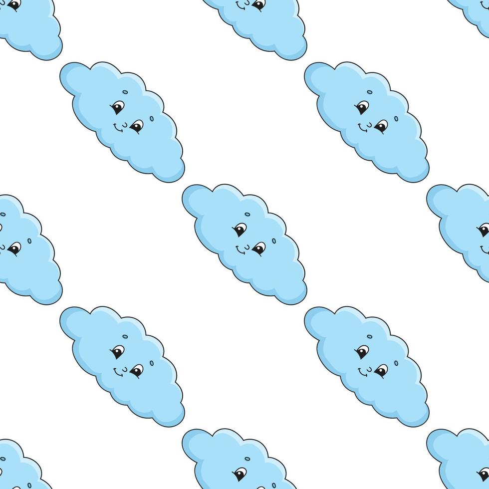 Happy cloud. Colored seamless pattern with cute cartoon character. Simple flat vector illustration isolated on white background. Design wallpaper, fabric, wrapping paper, covers, websites.