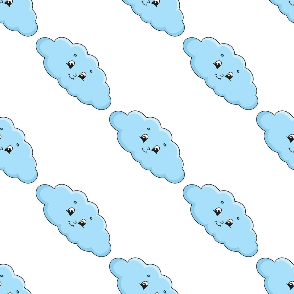 Happy cloud. Colored seamless pattern with cute cartoon character. Simple flat vector illustration isolated on white background. Design wallpaper, fabric, wrapping paper, covers, websites.