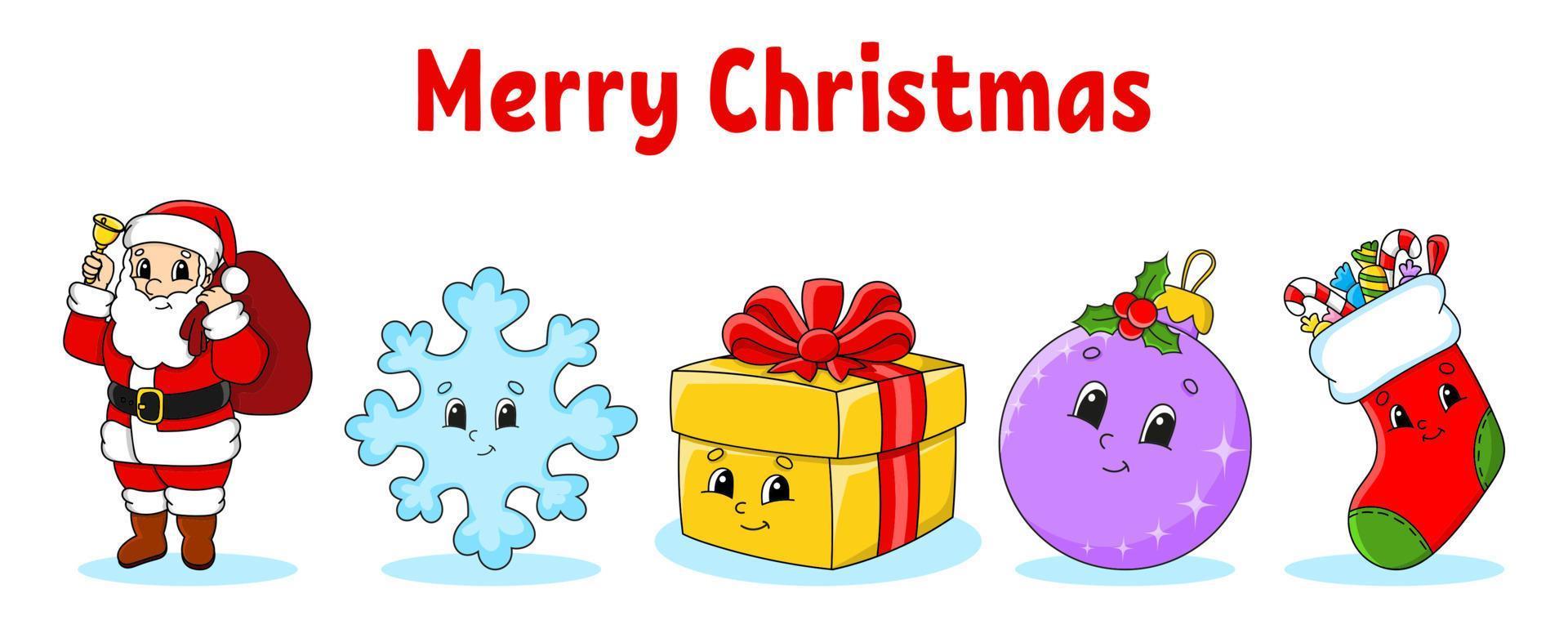conjunto de personajes de dibujos animados lindos de Navidad. santa claus, copo de nieve, regalo, chuchería, conjunto de personajes de dibujos animados lindos de Navidad. santa claus, copo de nieve, regalo, chuchería,