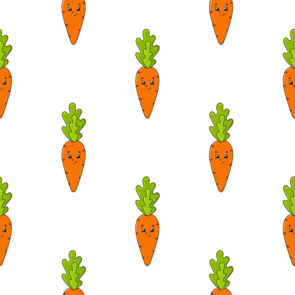 Happy carrot. Colored seamless pattern with cute cartoon character. Simple flat vector illustration isolated on white background. Design wallpaper, fabric, wrapping paper, covers, websites.