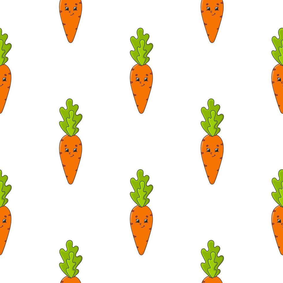 Happy carrot. Colored seamless pattern with cute cartoon character. Simple flat vector illustration isolated on white background. Design wallpaper, fabric, wrapping paper, covers, websites.