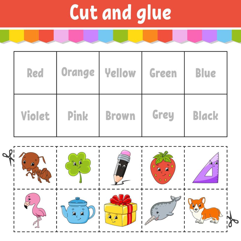 Cut and glue. Learning color games for preschool. Activity worksheet for kids. Game for children. Cartoon character. Vector illustration.