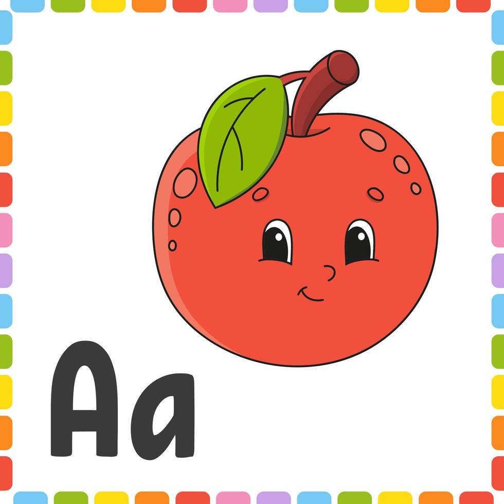 alfabeto divertido. tarjetas flash cuadradas abc. personaje de dibujos animados lindo aislado sobre fondo blanco. para la educación de los niños. desarrollo de la hoja de trabajo. aprender letras. ilustración vectorial de color. vector