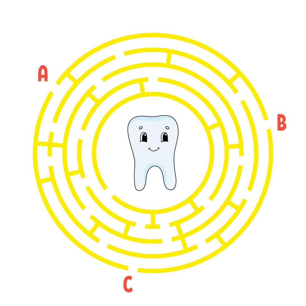 Circle maze. Game for kids. Puzzle for children. Round labyrinth conundrum. Color vector illustration. Find the right path. The development of logical and spatial thinking. Education worksheet.