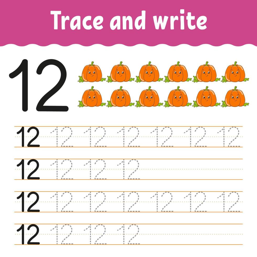 Trace and write. Handwriting practice. Learning numbers for kids. Education developing worksheet. Activity page. Game for toddlers and preschoolers. Isolated vector illustration in cute cartoon style.