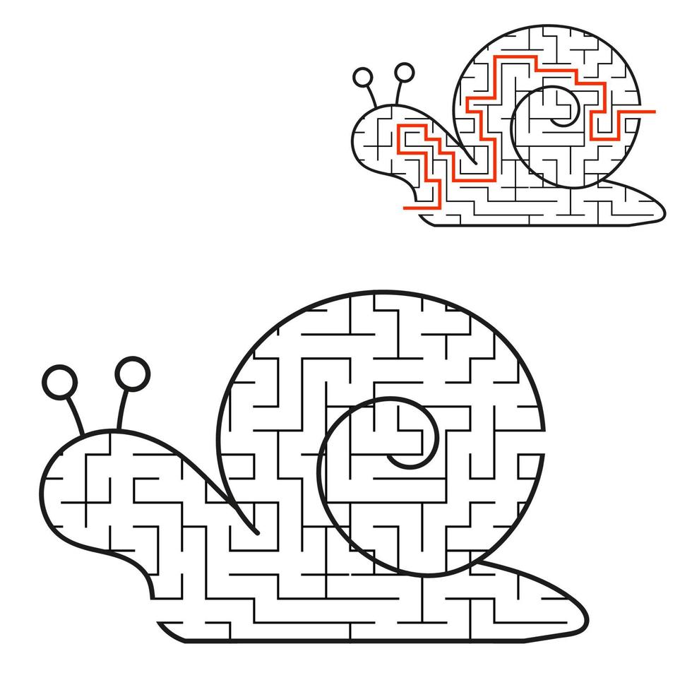 Black labyrinth is a cute snail. Kids worksheets. Activity page. Game puzzle for children. Funny clam. Maze conundrum. Vector illustration. With the answer.