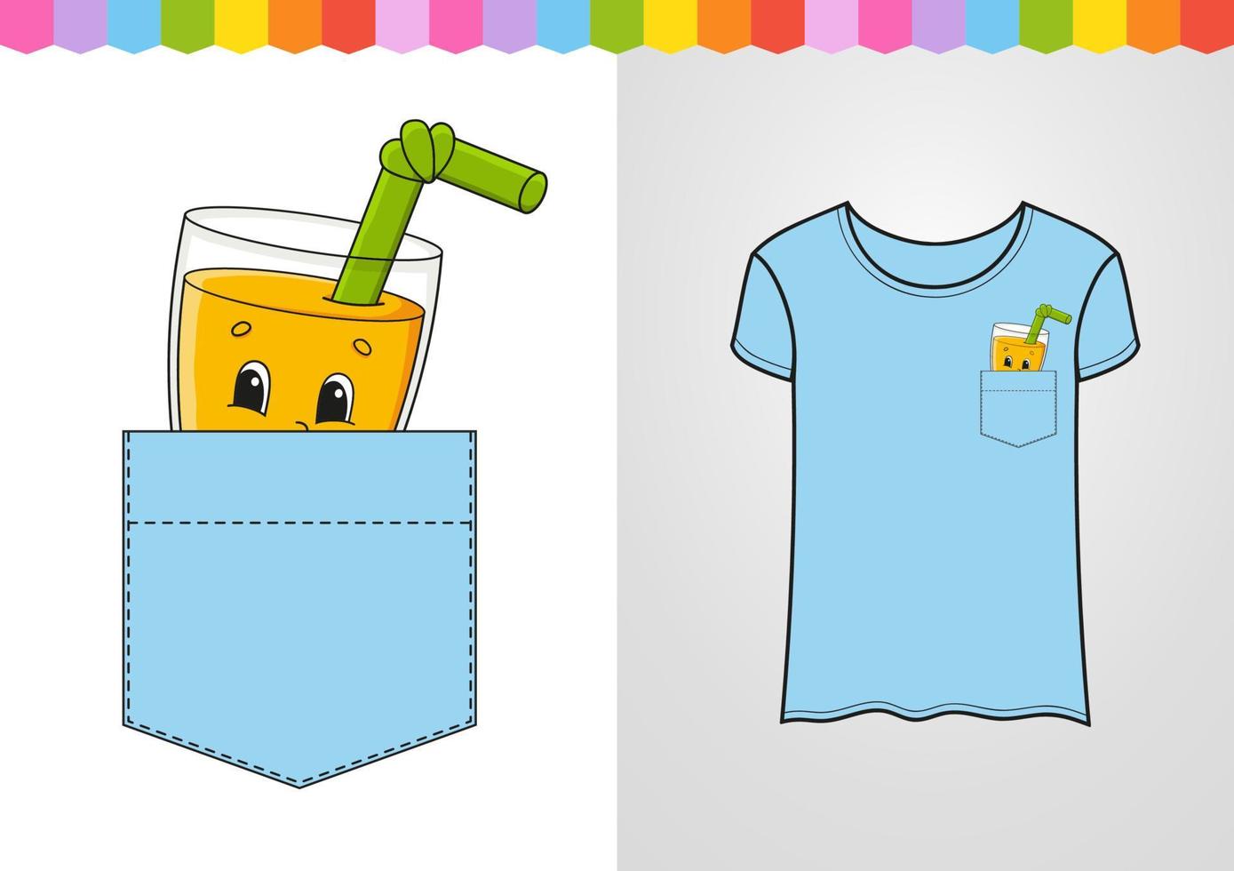 A glass of juice in shirt pocket. Cute character. Colorful vector illustration. Cartoon style. Isolated on white background. Design element. Template for your shirts, books, stickers, cards, posters.