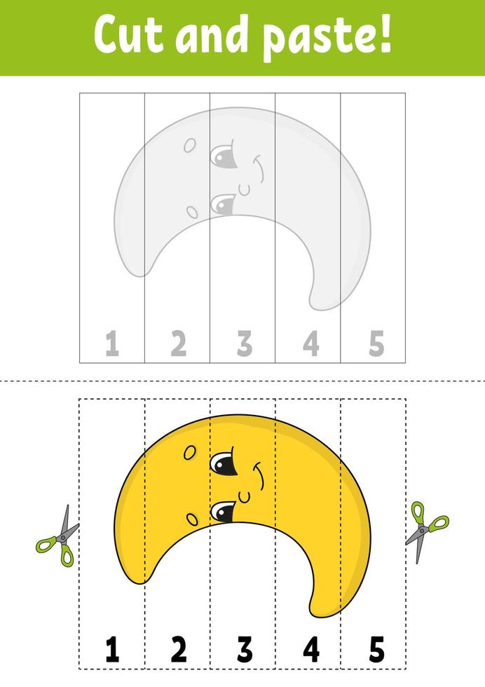 Learning numbers. Cut and play. Education developing worksheet. Game for kids. Activity page. Puzzle for children. Riddle for preschool. Flat isolated vector illustration. Cute cartoon style.