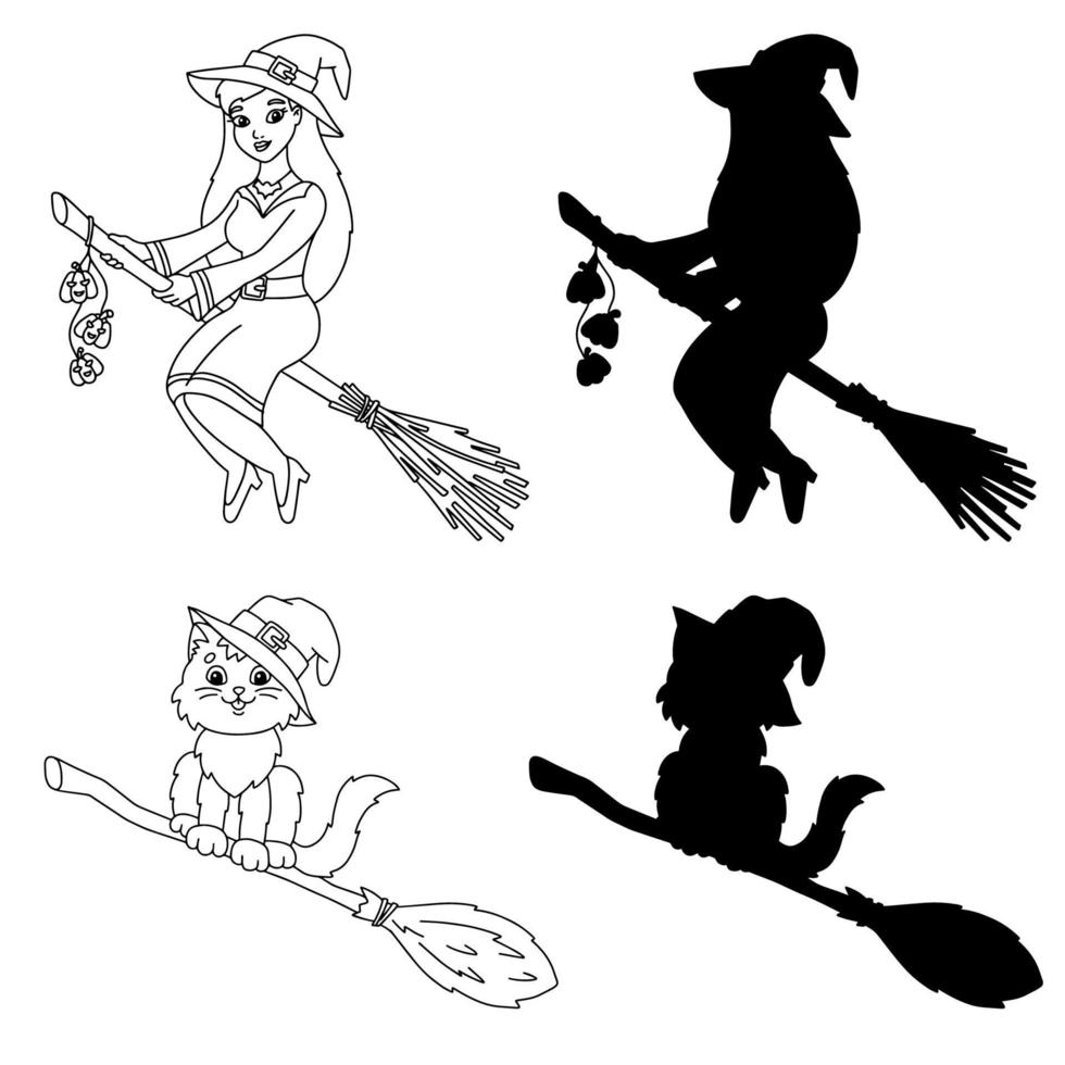 A beautiful witch and a cat are flying on a broomstick. Coloring book page for kids. Cartoon style character. Vector illustration isolated on white background. Halloween theme.