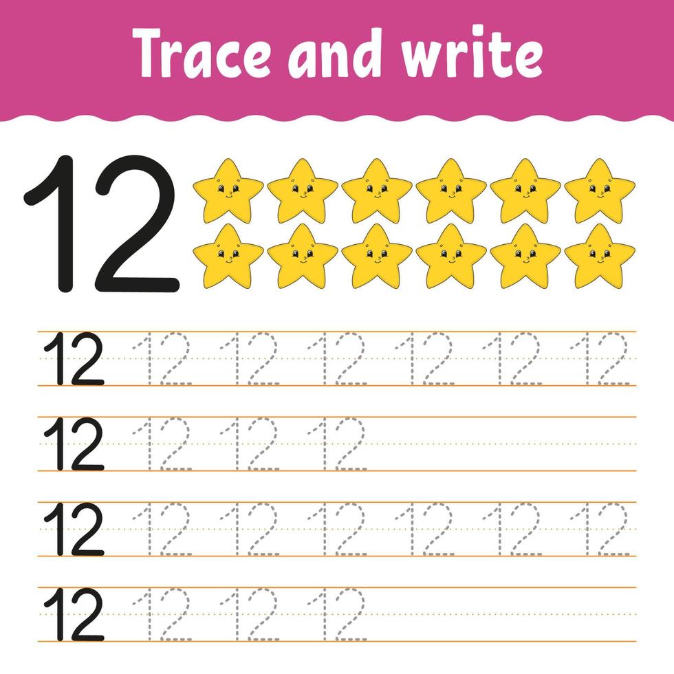 Trace and write. Handwriting practice. Learning numbers for kids. Education developing worksheet. Activity page. Game for toddlers and preschoolers. Isolated vector illustration in cute cartoon style.