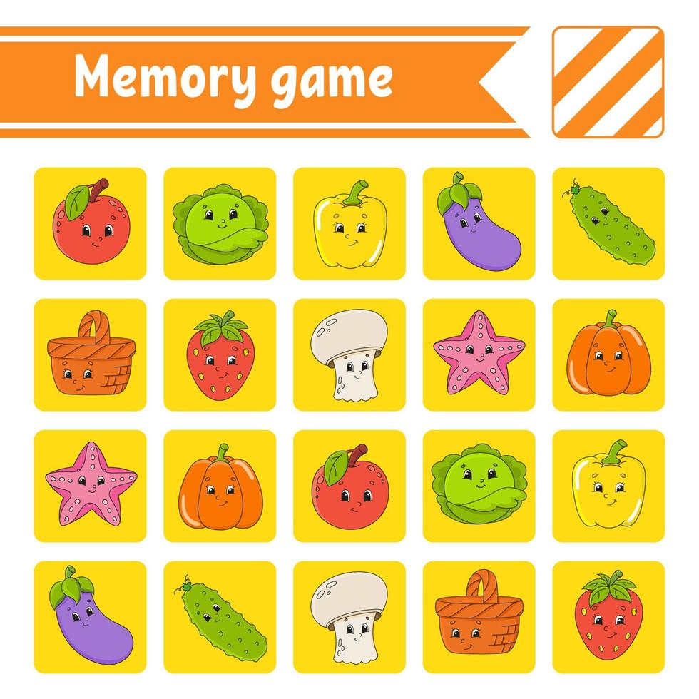 Memory game for kids. Education developing worksheet. Activity page with pictures. Puzzle game for children. Logical thinking training. Isolated vector illustration. Funny character. Cartoon style.