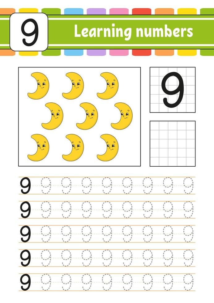 Trace and write. Handwriting practice. Learning numbers for kids. Education developing worksheet. Activity page. Game for toddlers and preschoolers. Isolated vector illustration in cute cartoon style.