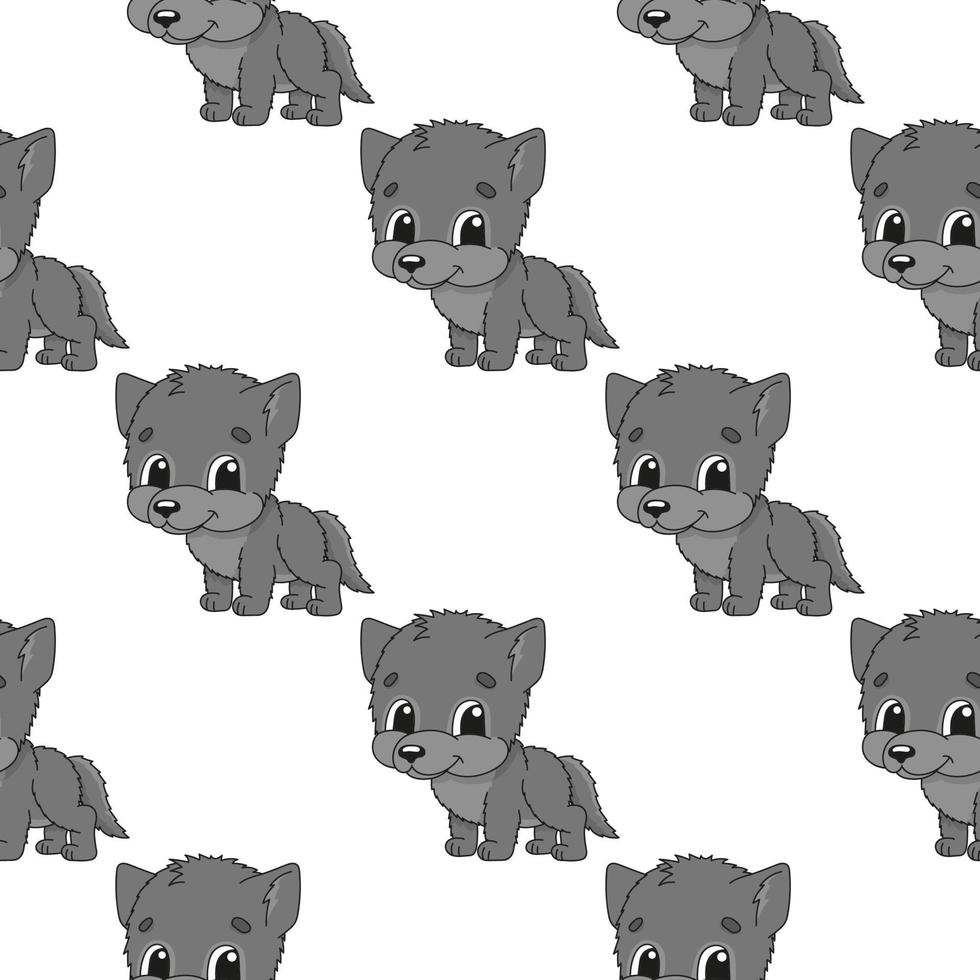 Happy wolf. Colored seamless pattern with cute cartoon character. Simple flat vector illustration isolated on white background. Design wallpaper, fabric, wrapping paper, covers, websites.