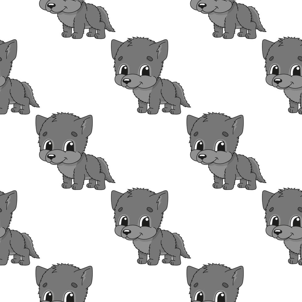 Happy wolf. Colored seamless pattern with cute cartoon character. Simple flat vector illustration isolated on white background. Design wallpaper, fabric, wrapping paper, covers, websites.