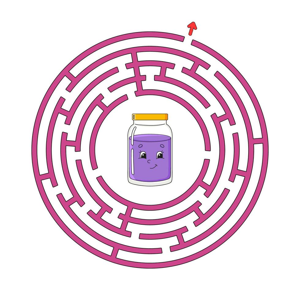 Funny circle maze. Game for kids. Puzzle for children. Cartoon style. Round labyrinth conundrum. Color vector illustration. Find the right path. The development of logical and spatial thinking.
