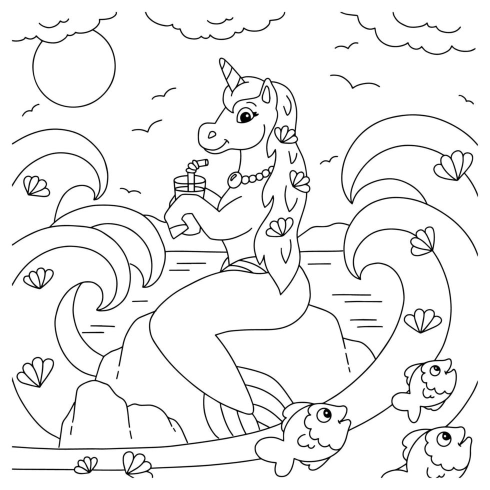 Cute unicorn mermaid drinks juice. Coloring book page for kids. Cartoon style character. Vector illustration isolated on white background.