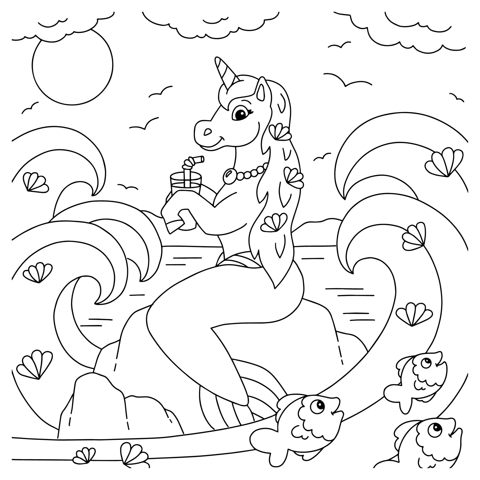 Cute unicorn mermaid drinks juice. Coloring book page for ...
