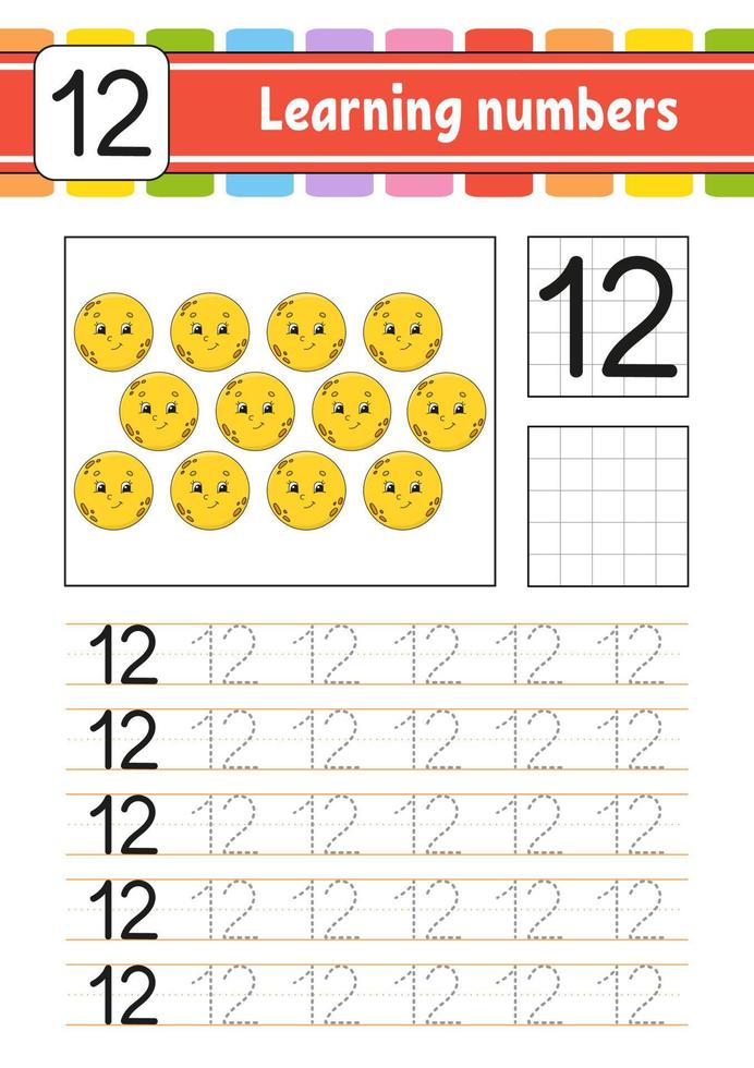 Trace and write. Handwriting practice. Learning numbers for kids. Education developing worksheet. Activity page. Game for toddlers and preschoolers. Isolated vector illustration in cute cartoon style.