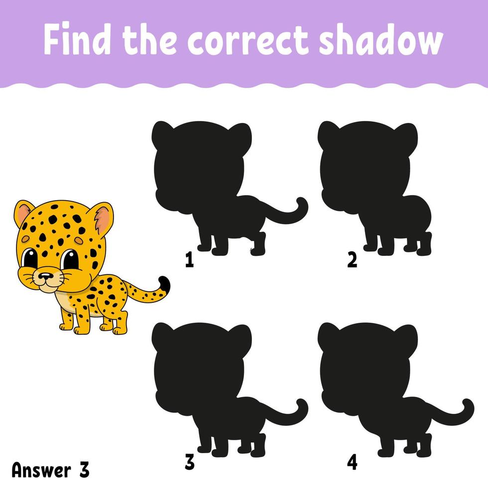 Find the correct shadow. Education developing worksheet. Matching game for kids. Activity page. Puzzle for children. Riddle for preschool. Cute character. Isolated vector illustration. Cartoon style.