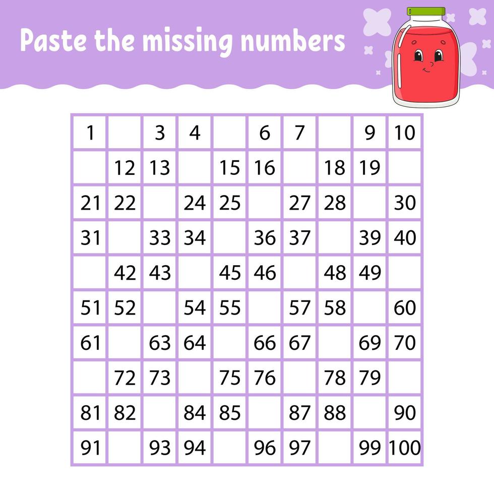 Paste the missing numbers. Handwriting practice. Learning numbers for kids. Education developing worksheet. Activity page. Game for children. Isolated vector illustration in cute cartoon style.