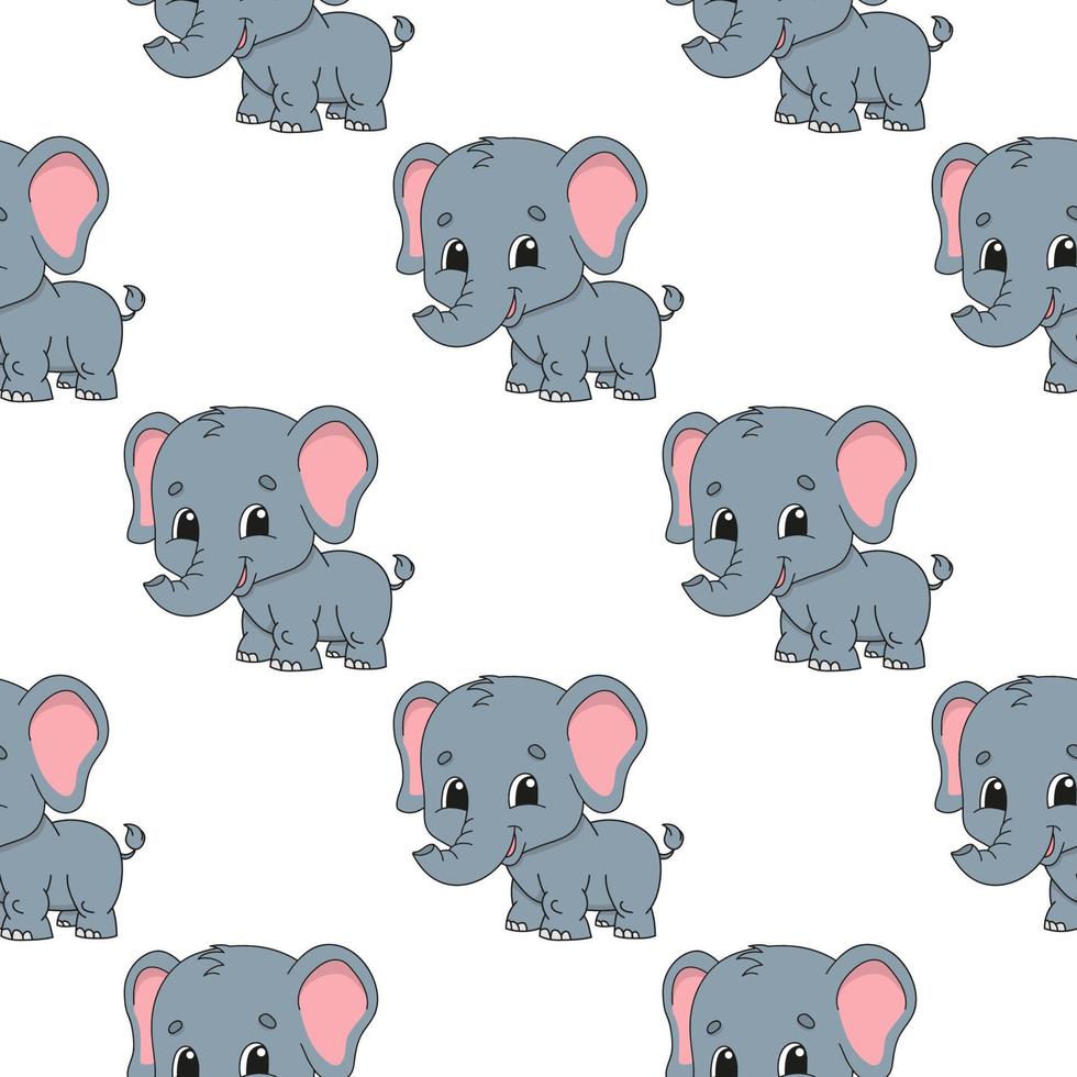 Happy elephant. Colored seamless pattern with cute cartoon character. Simple flat vector illustration isolated on white background. Design wallpaper, fabric, wrapping paper, covers, websites.