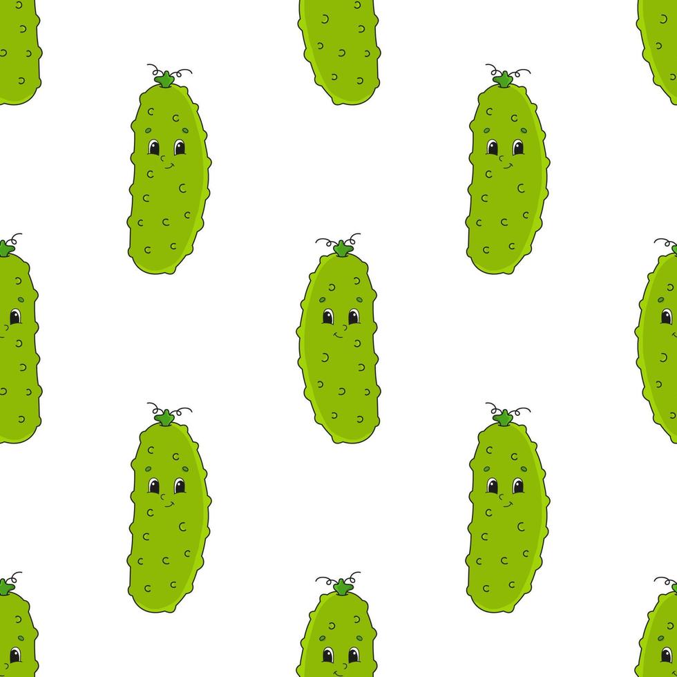 Happy cucumber. Colored seamless pattern with cute cartoon character. Simple flat vector illustration isolated on white background. Design wallpaper, fabric, wrapping paper, covers, websites.