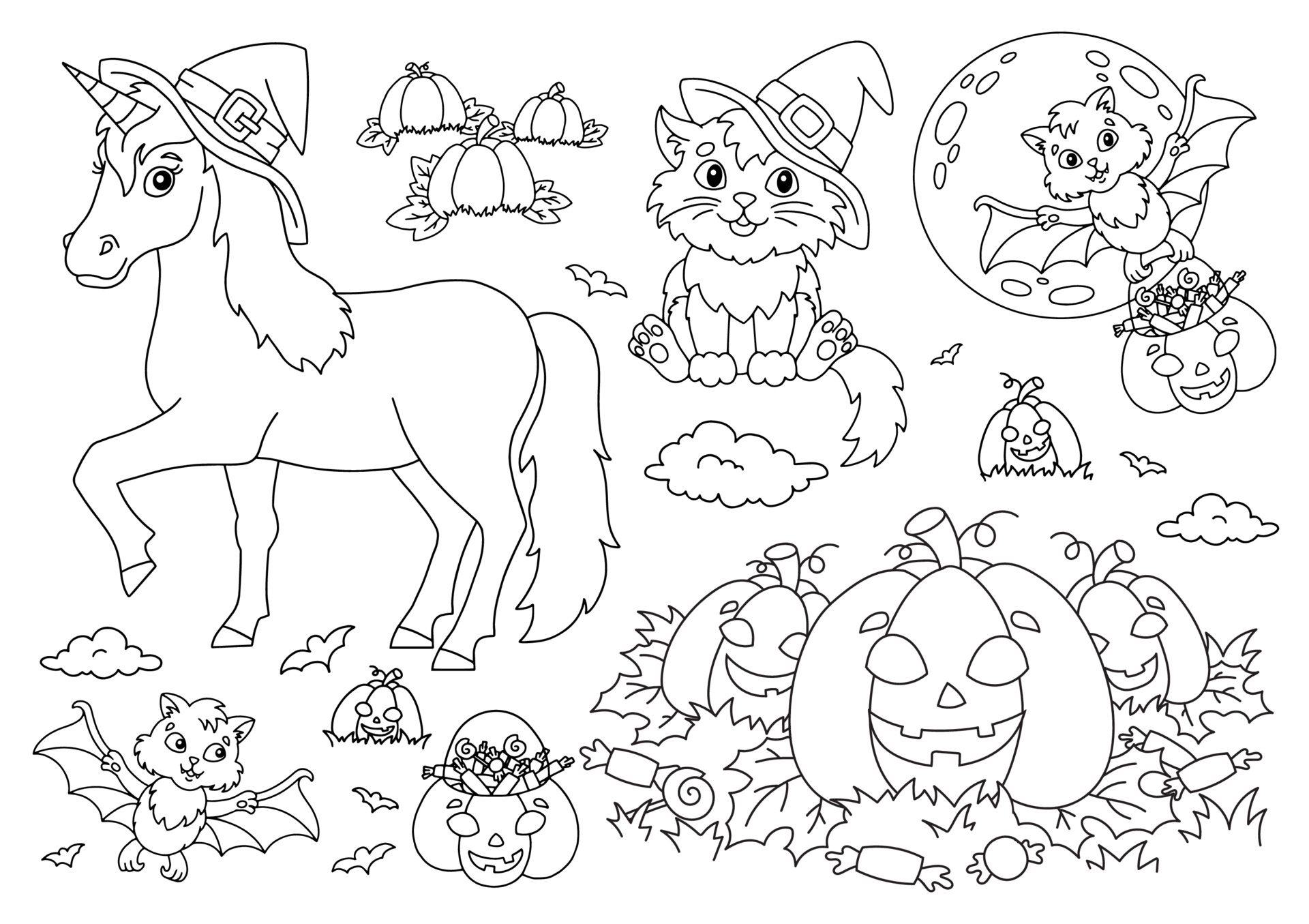 Unicorn in a hat, cat, bat, pumpkin. Halloween theme. Coloring ...