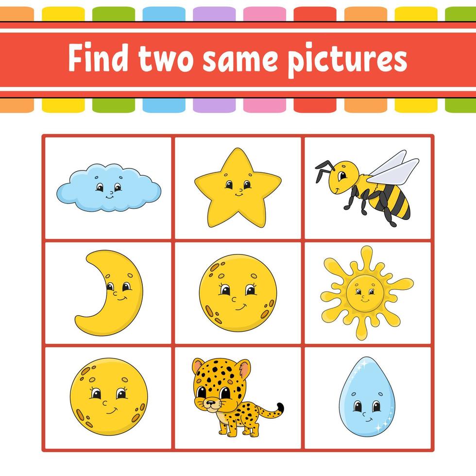 Find two same pictures. Task for kids. Education developing worksheet. Activity page. Game for children. Funny character. Isolated vector illustration. Cartoon style.