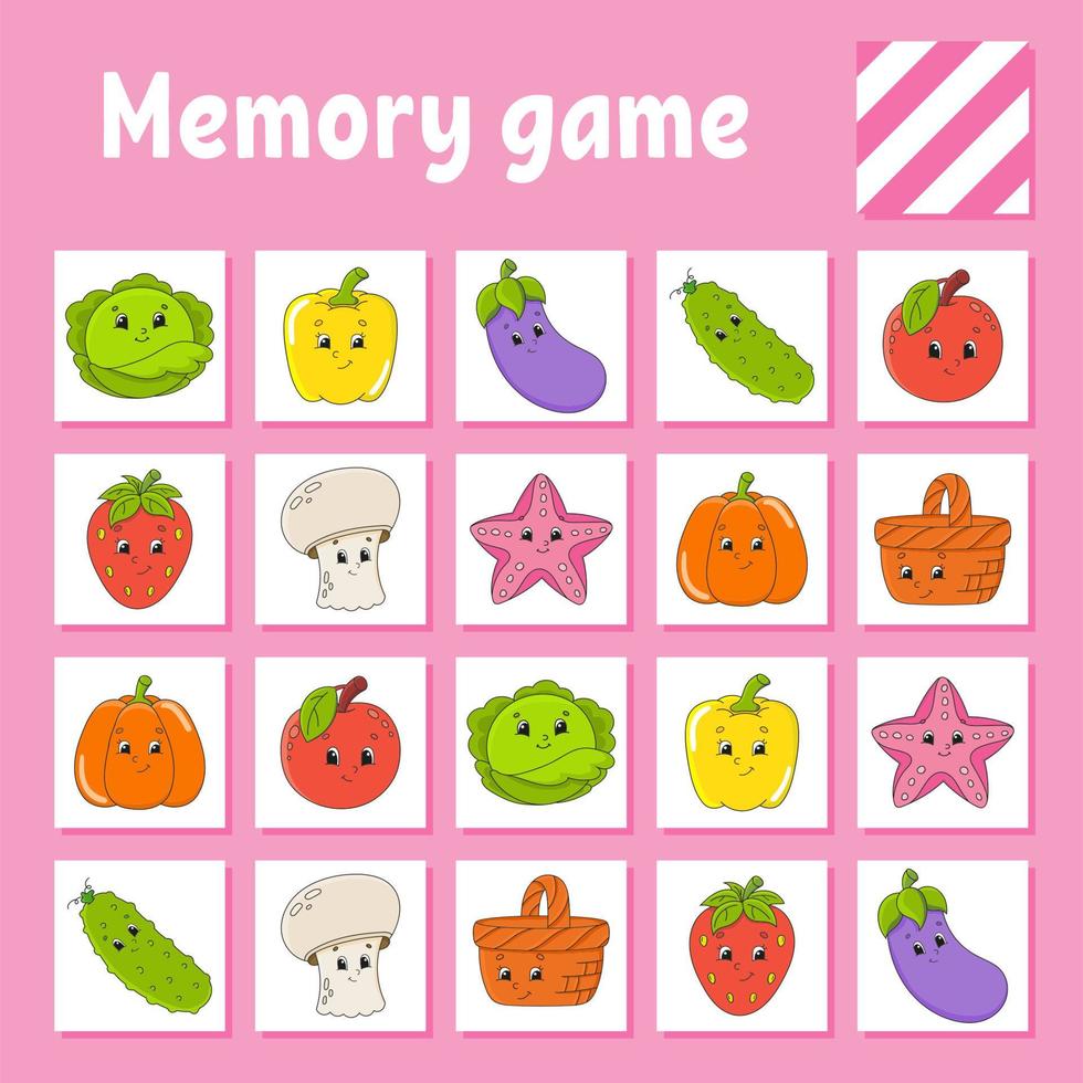 Memory game for kids. Education developing worksheet. Activity page with pictures. Puzzle game for children. Logical thinking training. Isolated vector illustration. Funny character. Cartoon style.