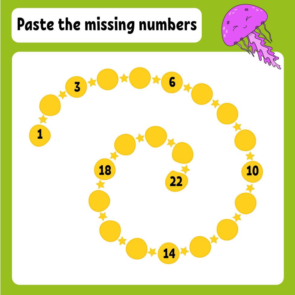 Paste the missing numbers. Handwriting practice. Learning numbers for kids. Education developing worksheet. Activity page. Game for children. Isolated vector illustration in cute cartoon style.