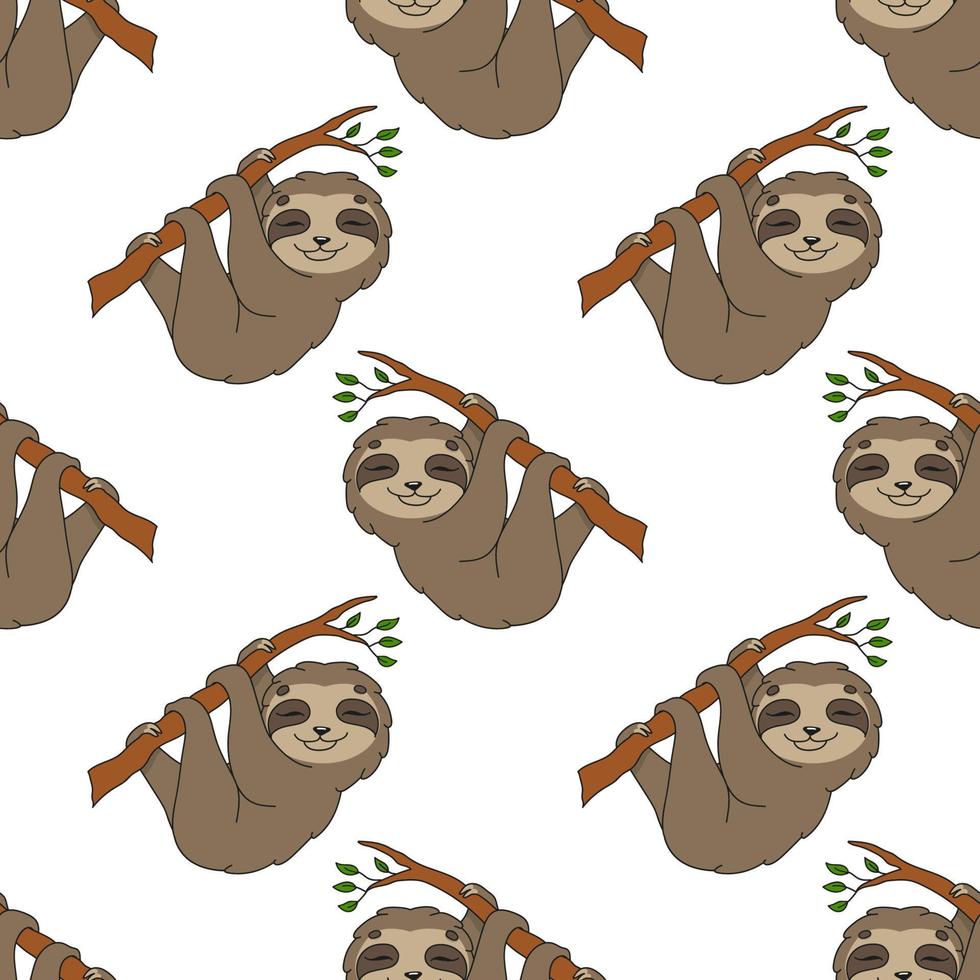 Happy sloth. Colored seamless pattern with cute cartoon character. Simple flat vector illustration isolated on white background. Design wallpaper, fabric, wrapping paper, covers, websites.