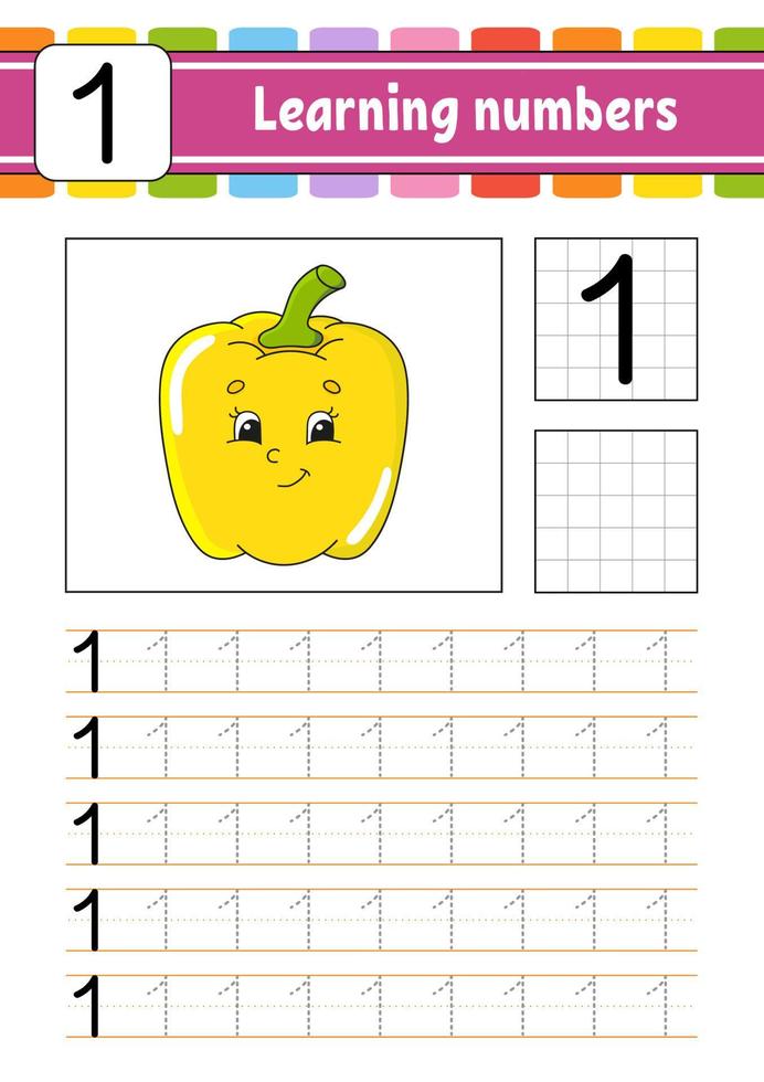 Trace and write. Handwriting practice. Learning numbers for kids. Education developing worksheet. Activity page. Game for toddlers and preschoolers. Isolated vector illustration in cute cartoon style.
