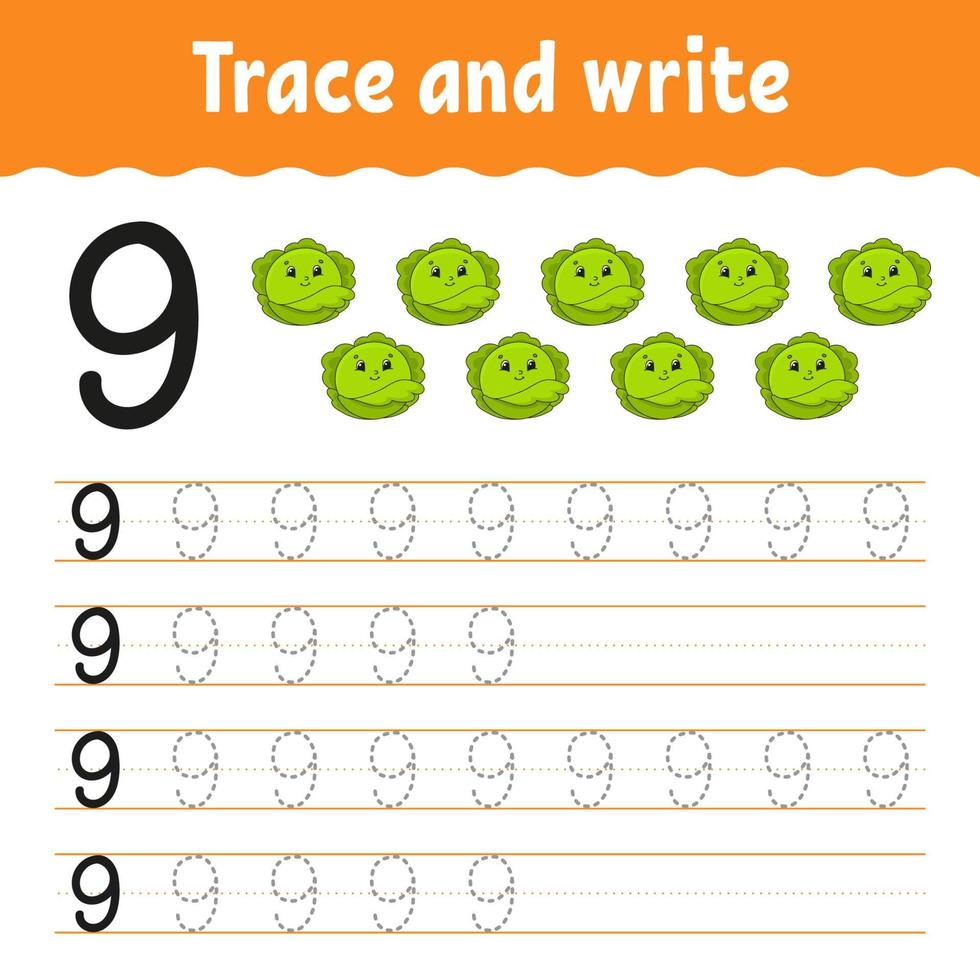 Trace and write. Handwriting practice. Learning numbers for kids. Education developing worksheet. Activity page. Game for toddlers and preschoolers. Isolated vector illustration in cute cartoon style.