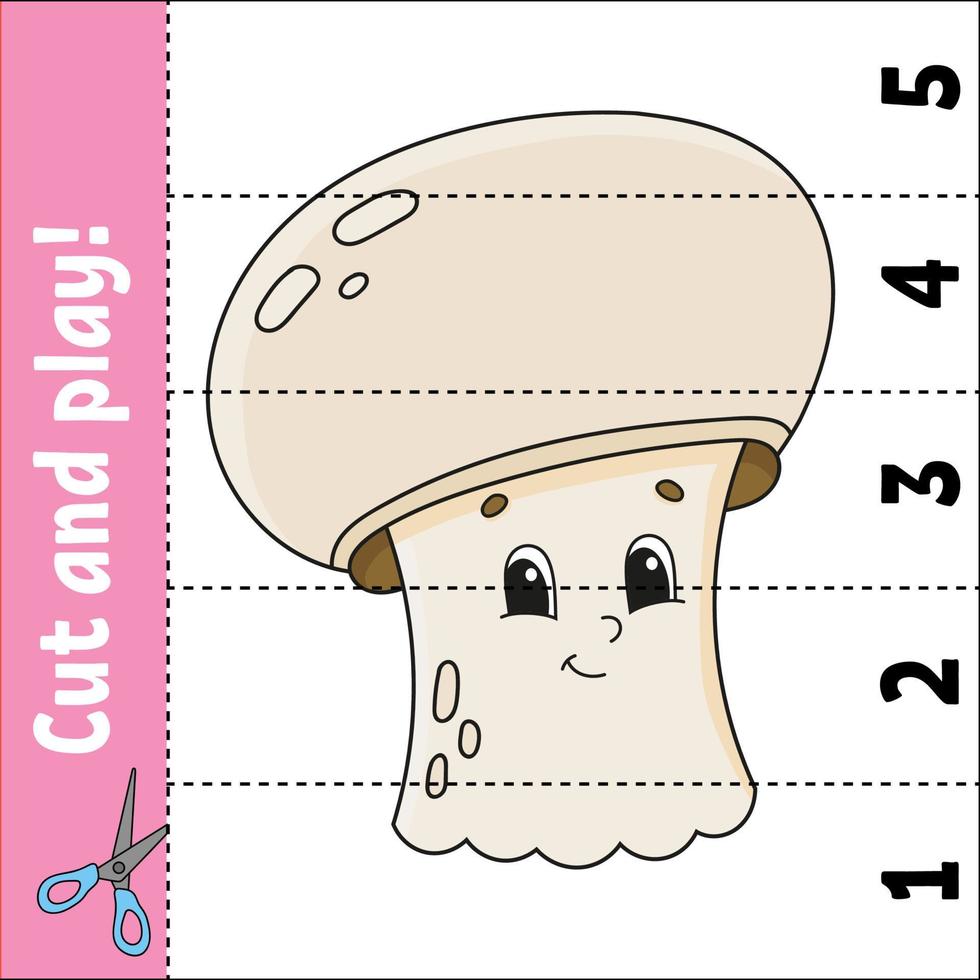 Learning numbers. Cut and play. Education developing worksheet. Game for kids. Activity page. Puzzle for children. Riddle for preschool. Flat isolated vector illustration. Cute cartoon style.