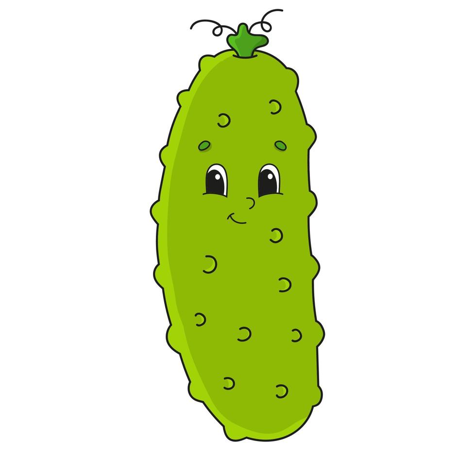 Green cucumber. Cute flat vector illustration in childish cartoon style. Funny character. Isolated on white background.
