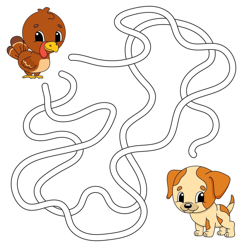 Funny maze. Game for kids. Puzzle for children. Cartoon style. Labyrinth conundrum. Color vector illustration. Find the right path. The development of logical and spatial thinking.
