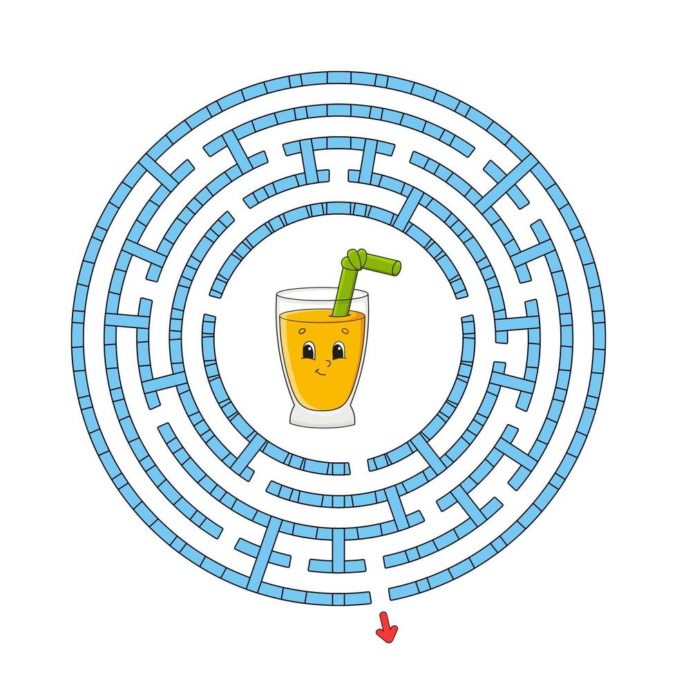 Funny circle maze. Game for kids. Puzzle for children. Cartoon style. Round labyrinth conundrum. Color vector illustration. Find the right path. The development of logical and spatial thinking.