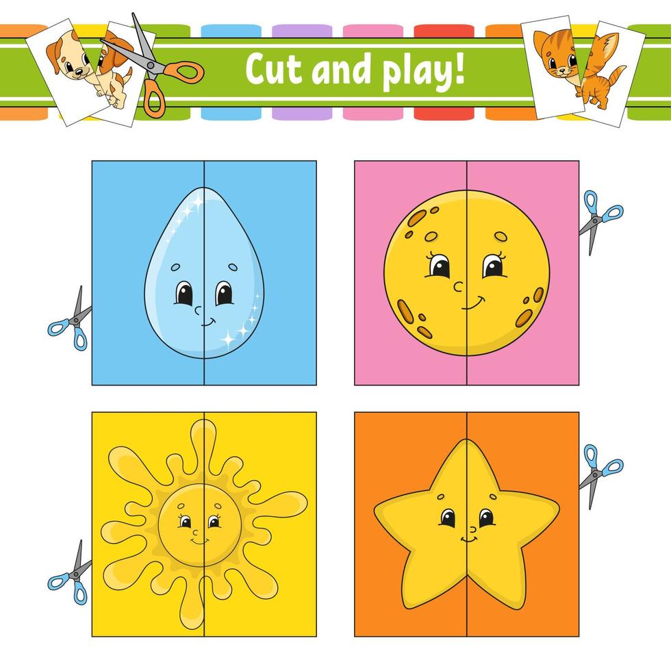 Cut and play. Flash cards. Color puzzle. Education developing worksheet. Activity page. Game for children. Funny character. Isolated vector illustration. Cartoon style.