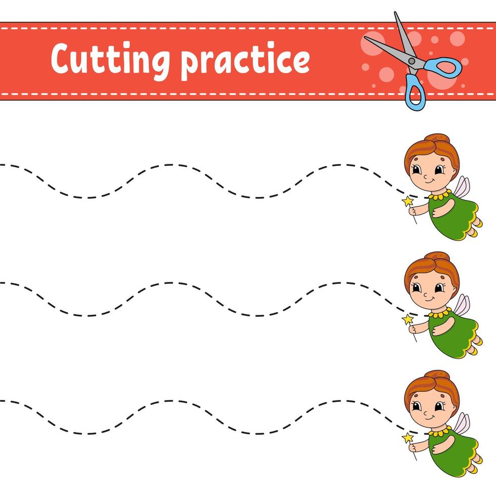 Cutting practice for kids. Education developing worksheet. Activity page with pictures. Game for children. Isolated vector illustration. Funny character. Cartoon style.