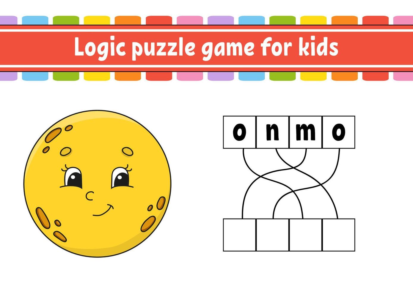 Logic puzzle game. Learning words for kids. Find the hidden name. Education developing worksheet. Activity page for study English. Game for children. Isolated vector illustration. Cartoon style.