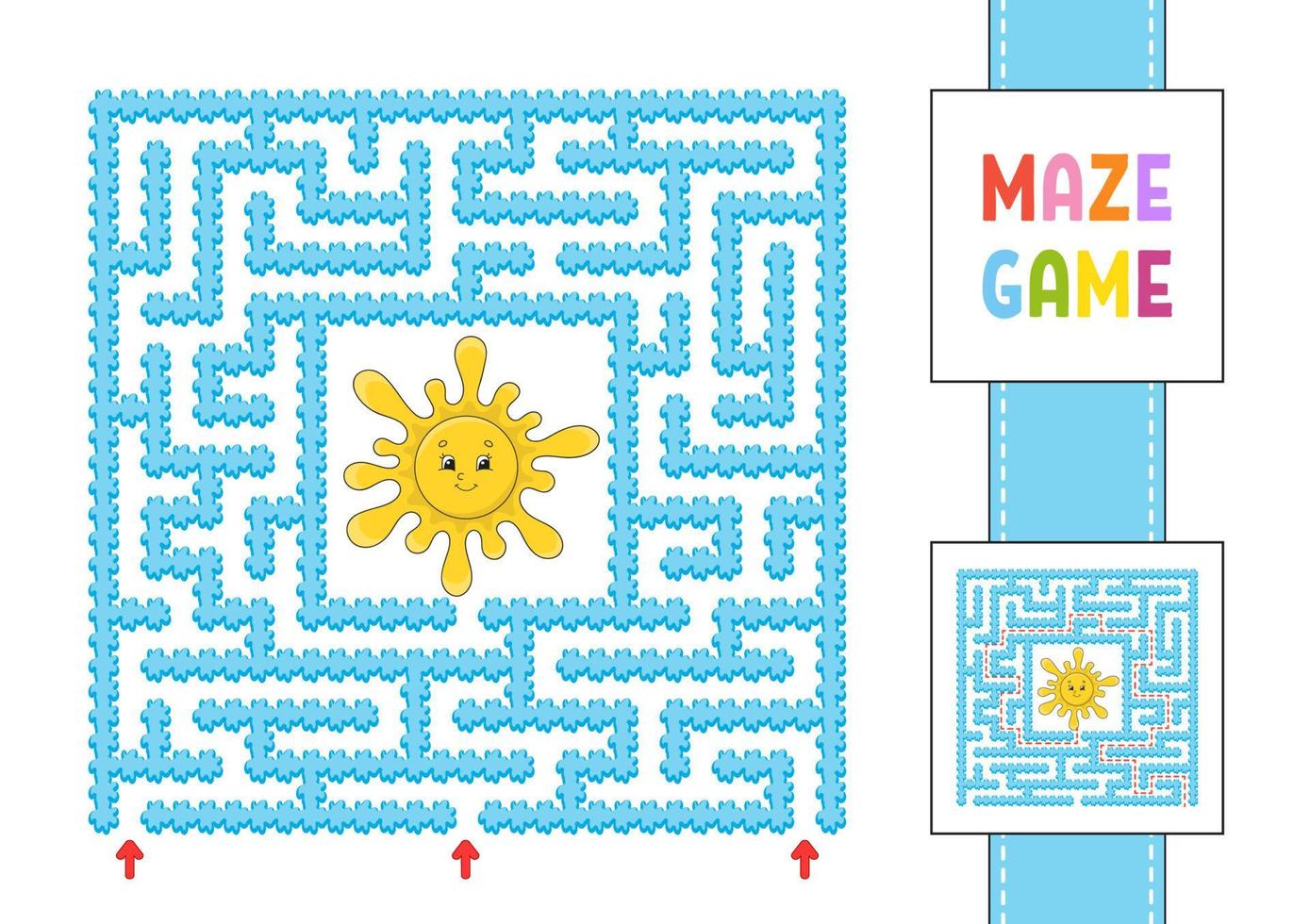 Funny square maze. Game for kids. Puzzle for children. Cartoon style. Labyrinth conundrum with character. Color vector illustration. Find the right path. With answer.