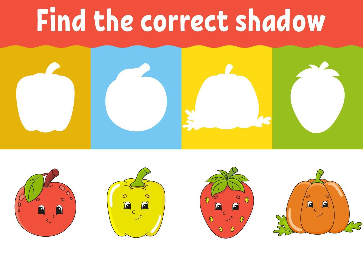 Find the correct shadow. Education developing worksheet. Matching game for kids. Activity page. Puzzle for children. Riddle for preschool. Cute character. Isolated vector illustration. Cartoon style.